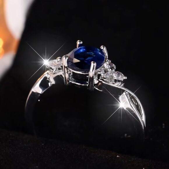 14k White Gold Blue Sapphire Diamond Ring Oval Cut - Picture 4 of 6